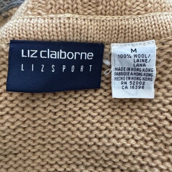 Vintage Liz Sport Tan Ivory Gray 100% Wool Fair Isle Open Front Cardigan Size M - Picture 9 of 11